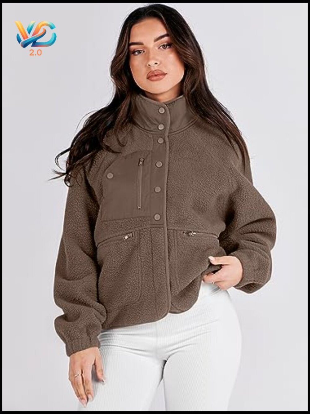 Fuzzy Fleece Cropped Shacket with Pockets, Long Sleeve Button Down Jacket - Picture 4 of 7